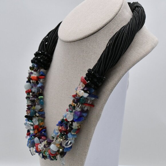 Vintage Multi-Gem Black Cord & Chip Stone Necklace 20 3/4" - Picture 4 of 7